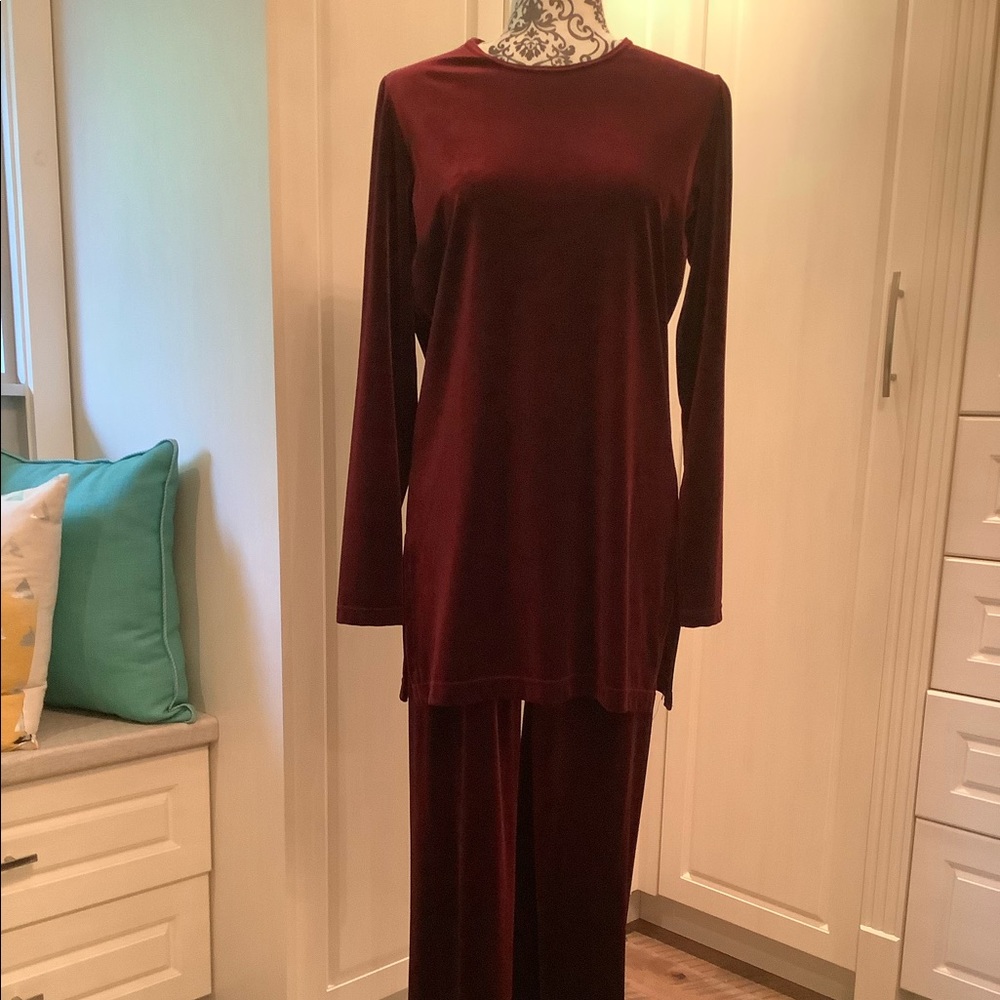 Elegant Bordeaux Velvet Pants & Tunic, Size M